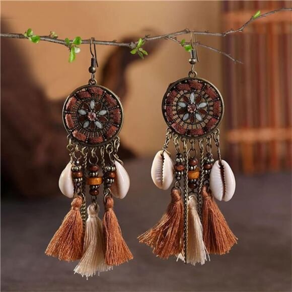 Boho Dreamcatcher Tassel Earrings | Feather & Turquoise Dangle Designs - Picture 6 of 7